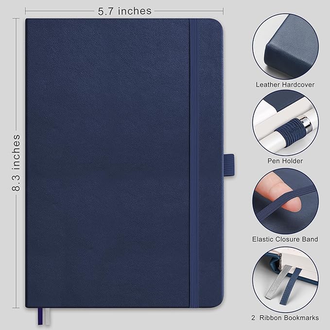 RETTACY Bullet Dotted Journal Notebook, 256 Pages, A5 Medium Size (5.7'' × 8.3''), Leather Hardcover, 120 GSM Thick Paper, for Bullet Journaling, Planning, Tracking (Navy Blue)-DeskLoop Office