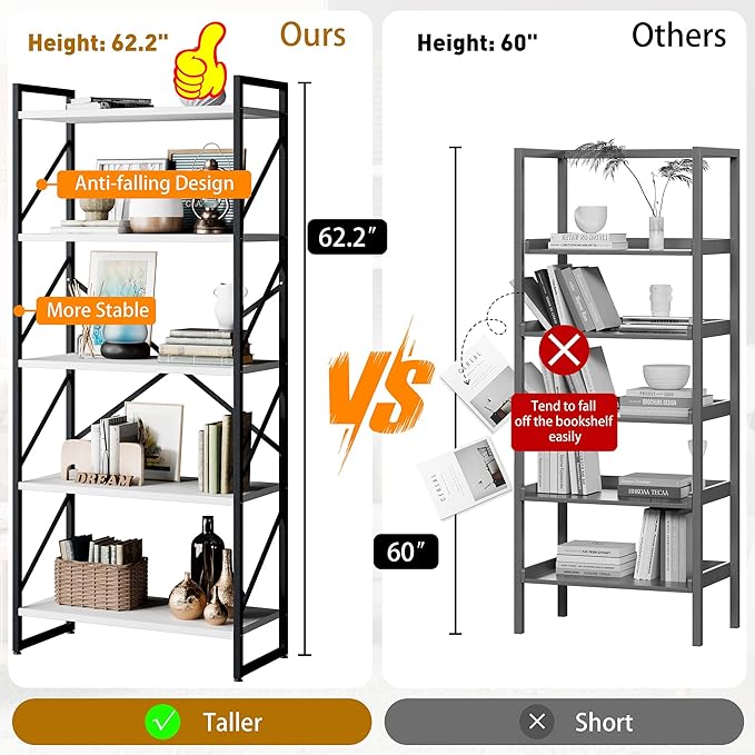 Shintenchi 5 Tiers Bookshelf, Classically Tall Bookcase Shelf, Industrial Book - Image 3