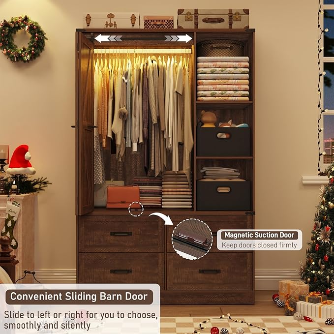 Farmhouse 3 Doors Armoire Wardrobe Closet w/Folding Sliding Barn Door and Lights, LED Armoire Closet w/Drawers for Bedroom, Freestanding Wooden Wardrobe Storage Closets w/Hanging Rod,Rustic Brown-DeskLoop Office