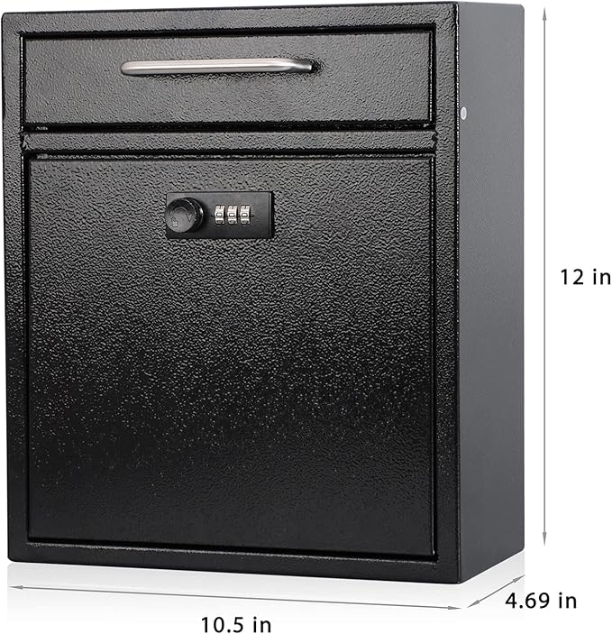 KYODOLED Steel Combination Lock Mail Boxes Outdoor,Locking Wall Mount Mailbox,Security Key Drop Box,12H x 10.51L x 4.68W Inches,Black Large-DeskLoop Office