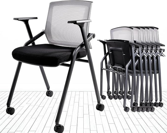 Conference Room Chairs, Folding Office Desk Chair with Lumbar Support and Sliding Armrest with Casters, Stackable Office Guest Chairs & Reception Chairs (2 Pack)-DeskLoop Office