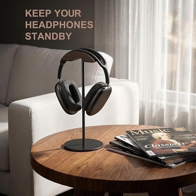 Headphone Stand, Walnut Wood & Aluminum Headset Stand, Nature Walnut Gaming - Image 2