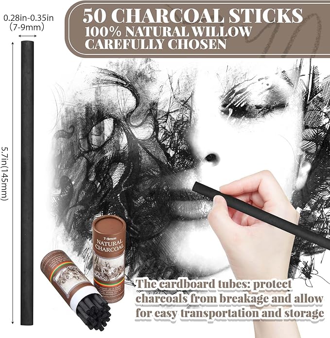 Gueevin 50 Pcs Willow Charcoal Sticks, Willow Charcoal, Artists, Beginners, Students, Perfect for Sketching, Drawing, Shading, and Fine Art (7-9mm)-DeskLoop Office