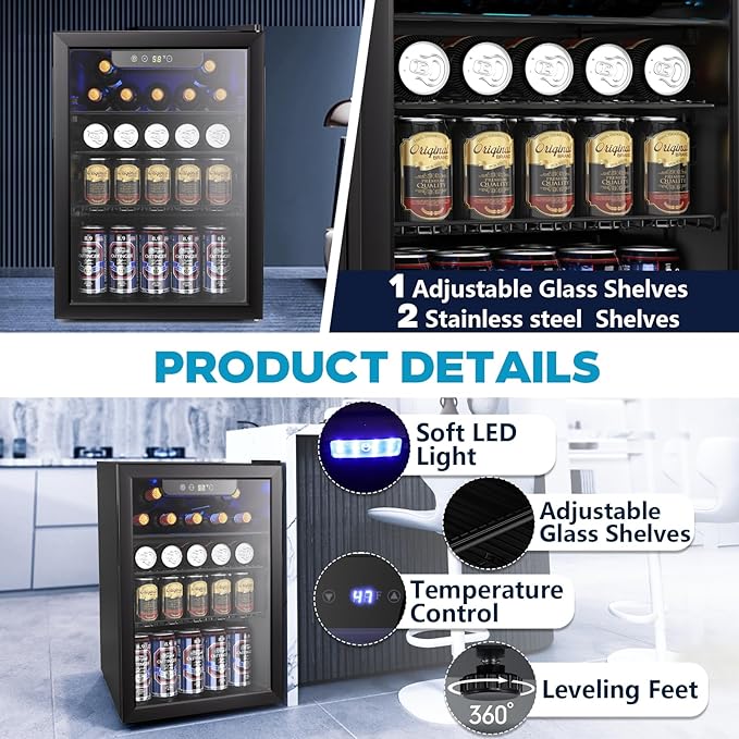 26 Bottle Wine Cooler, 95 Cans Beverage Refrigerator, 2.6 cu.ft Drink Fridge Digital Temperature Control for Beer, Soda,Water, Drink Cooler for Home Office Bar-DeskLoop Office