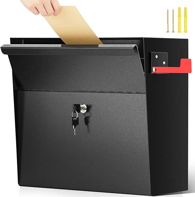 Extra Large Wall Mount Mailboxes for Outside 15.35 x 15 x 7 Inches Locking Security Mail Box Galvanized Steel Wall Mailbox Large Capacity Post Box with Key Lock and Reflective Stickers(Black)-DeskLoop Office