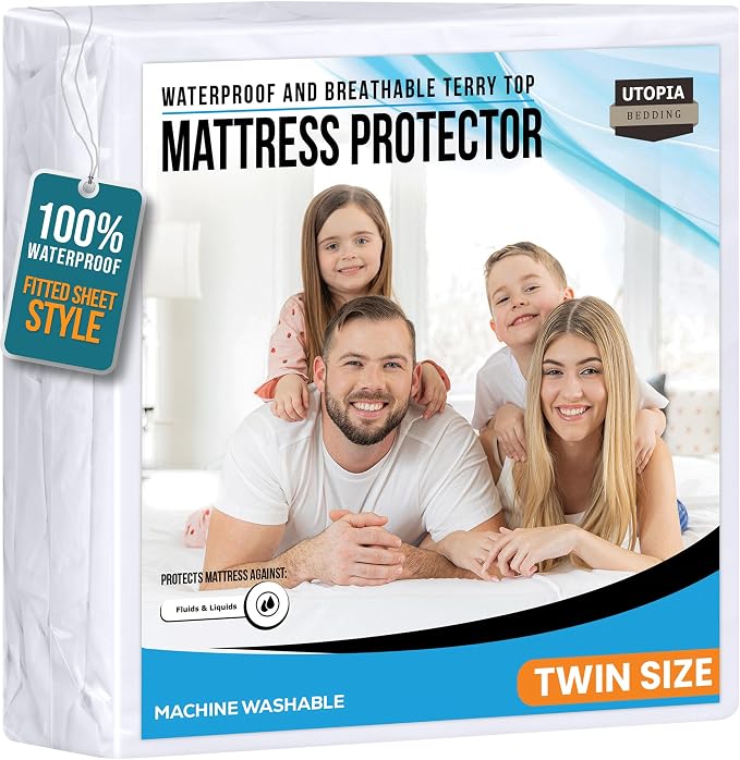 Twin Size Mattress Protector Waterproof, Premium 200 GSM Terry Mattress Cover by UTOPIABEDDING