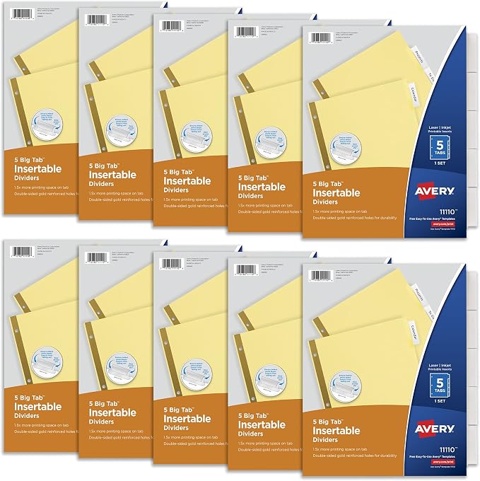 Avery 5 Tab Binder Dividers, Insertable Clear Big Tabs, 1 Set Pack, 10 Packs by Avery