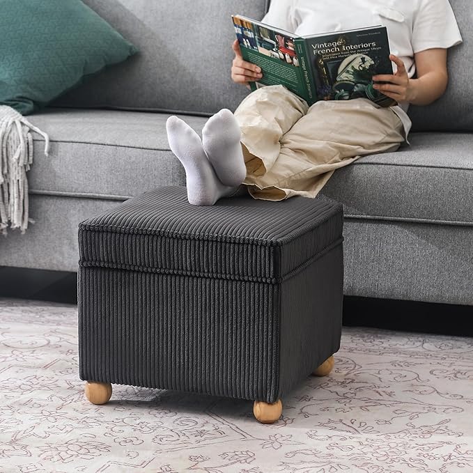 Adeco 17 Inch High Striped Flannel Black Cube Ottoman Storage, 3D Embossed Velvet Chair Foot Stools, Upholstered Vanity Stool with Hinged Lid, Solid Round Wood Legs-DeskLoop Office