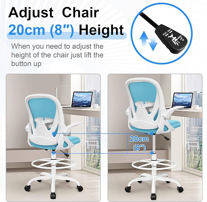 Primy Drafting Chair Tall Office Chair with Flip-up Armrests Executive Ergonomic Computer Standing Desk Chair with Lumbar Support and Adjustable Footrest Ring（Blue）-DeskLoop Office