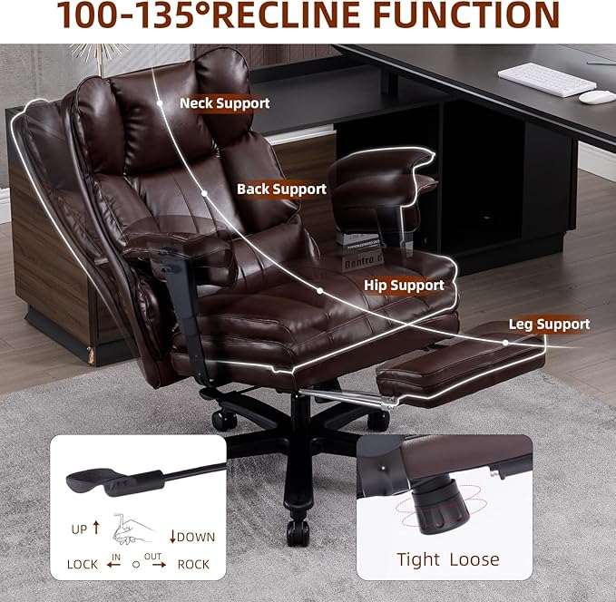 Big and Tall Office Chair 500lbs Wide Seat Executive Office Desk Chair High-Back Office Task Chair with Foot Rest, Ergonomic Lumbar Support Computer Office Chairs for Heavy People(Brown)-DeskLoop Office