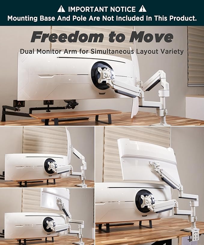 Heavy Duty Extension Arm [Accessory Only - Requires MA20PW-S Single Monitor Arm for Use] Dual 49" Vertical Stacked Monitor Mount Height Adjustable - 100x100 VESA Mount, White, MA20PW-A-DeskLoop Office