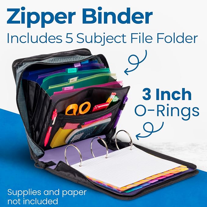 Case-it Mighty Zip Tab School Zipper Binder | 3-Inch O-Rings, 600-Sheet Capacity - Image 2