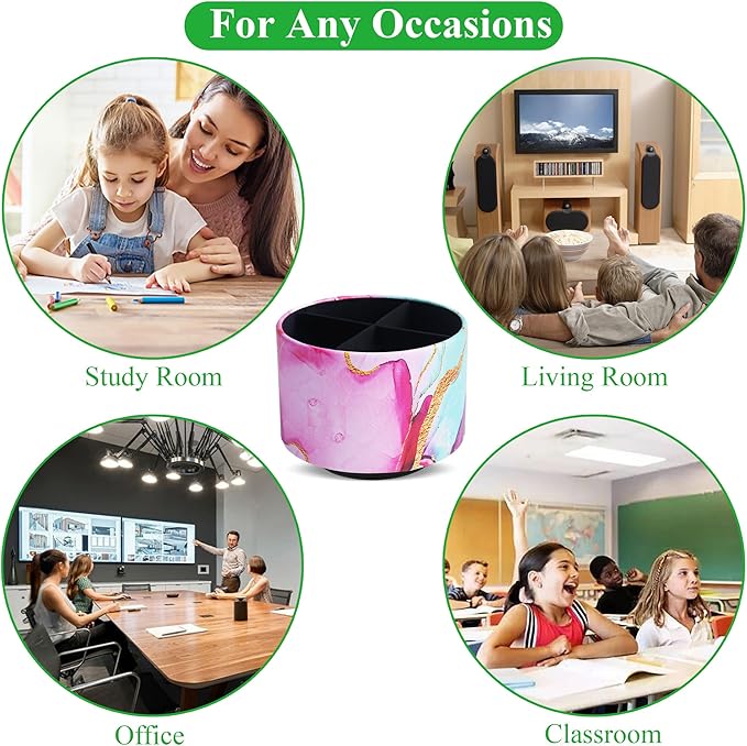 Round Leather Art Supply Organizer,Remote Control Holder,360-degree Rotating Pen Organizer with 4 Compartments(1-Red Green Splash Ink)-DeskLoop Office