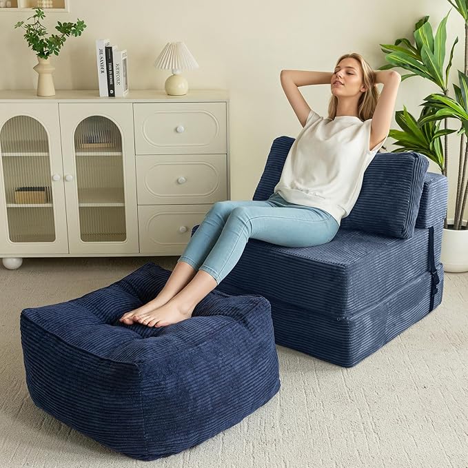 HIGOGOGO Square Stuffed Pouf Ottoman, Corduroy Poufs with Foam Chunk Filling, Furry and Fluffy Pouf Foot Stool Storage Ottoman, 25.6 X 25.6 Floor Poufs Foot Rest for Living Room, Navy-DeskLoop Office