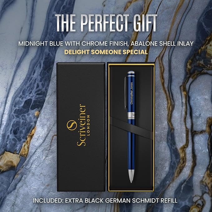 Scriveiner Personalized Midnight Blue Pen - Stunning Blue Lacquer Luxury Pen, Chrome Finish, Schmidt Ink Refill, Best Engraved Ball Point Gift Set for Men & Women, Custom Name Engraving-DeskLoop Office