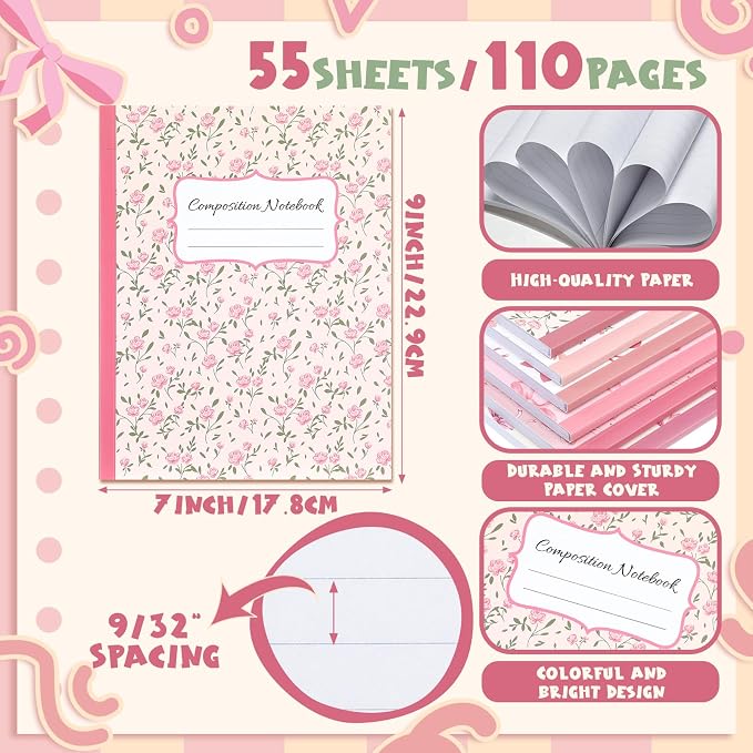 Fullhawl 6 Pack Composition Notebook College Ruled Bulk Pink Bow Composition - Image 2