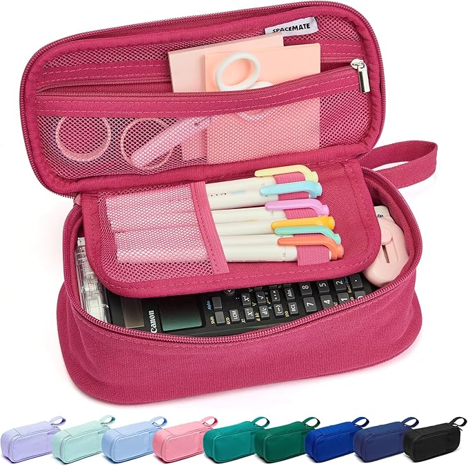 Pencil Case Pouch Box Bag School Supplies Girls Boys Kids, Cute Preppy Stuff Large Big Capacity Aesthetic Pen Organizer, Back to College Stationary, Dark Pink, Heavy Duty Canvas, 1800ml-DeskLoop Office