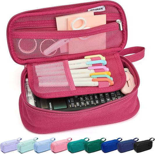 Pencil Case Pouch Box Bag School Supplies Girls Boys Kids, Cute Preppy Stuff Large Big Capacity Aesthetic Pen Organizer, Back to College Stationary, Dark Pink, Heavy Duty Canvas, 1800ml-DeskLoop Office