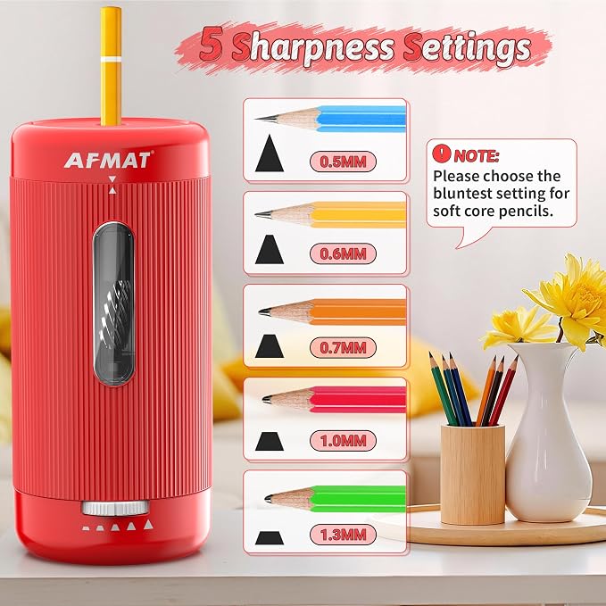 AFMAT Electric Pencil Sharpener, Auto in & Out, 5 Nibs, 7K+ Uses, Fully - Image 4