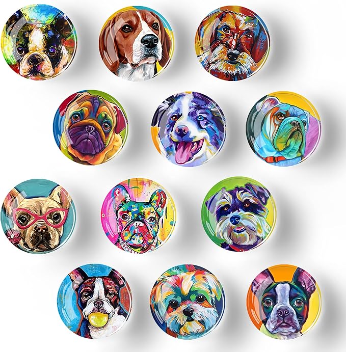 12Pcs Glass Refrigerator Magnet Fridge Sticker,Oil Painting Dog Fridge Magnets Decoration for Crafts,Strong Fridge Magnets for Kitchen, School,Office Whiteboard, Cabinet and Dishwasher-DeskLoop Office