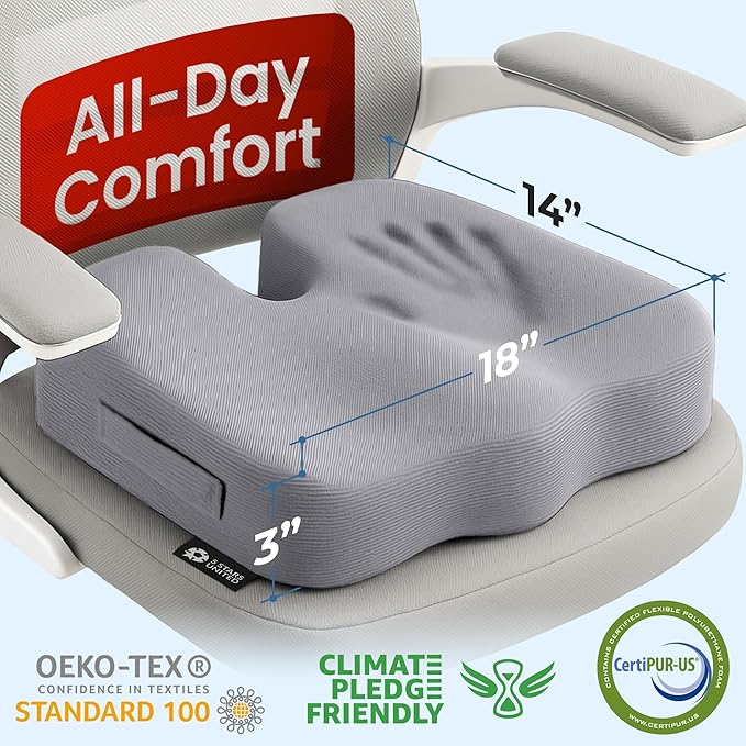 5 STARS UNITED Seat Cushion for Tailbone Pain Relief – Memory Foam Lifting Pillow for Coccyx, Hip, Hemorrhoid, Sciatica & Post-Surgery Recovery – Wheelchair, Car, Desk, Gaming & Office Chairs, L Gray-DeskLoop Office