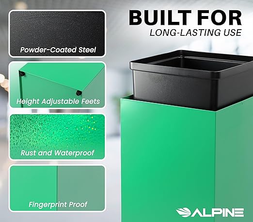 Alpine Commercial Indoor Recycle Bin - 29 Gallon Modern Looking Green Recycle Bin, Office Recycling Bins, Metal Trash and Recycling Container with Stickers & 3 Optional Lids (lid Sold Separately)-DeskLoop Office