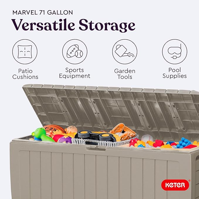 Keter Marvel Plus 71 Gallon Resin Deck Box-Organization and Storage for Patio Furniture Outdoor Cushions, Throw Pillows, Garden Tools and Pool Floats, Beige-DeskLoop Office