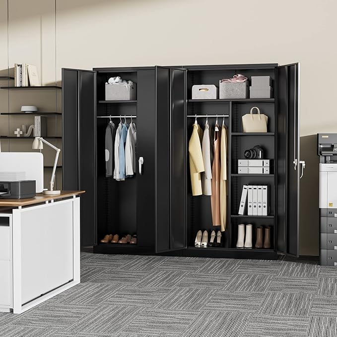 Greenvelly Metal Storage Wardrobe Cabinet with Doors, Black 72” Steel Wardrobe Closet, Employees Locker Closet Clothing Coat Steel Wardrobe Cabinet with Hanging Rod for Home Office Room School-DeskLoop Office