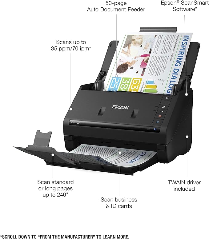 Epson Workforce ES-400 II Color Duplex Desktop Document Scanner for PC and Mac, with Auto Document Feeder (ADF) and Image Adjustment Tools, ES-400 II-DeskLoop Office