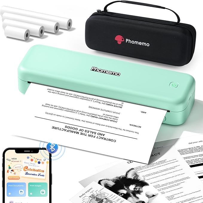 Phomemo Portable Printers Wireless for Travel,M834 Bluetooth Thermal Printer 8.5" x 11"& A4 Size,Inkless Mobile Printer with Carry Case for Travel,Office,School,Car,Home,Green-DeskLoop Office