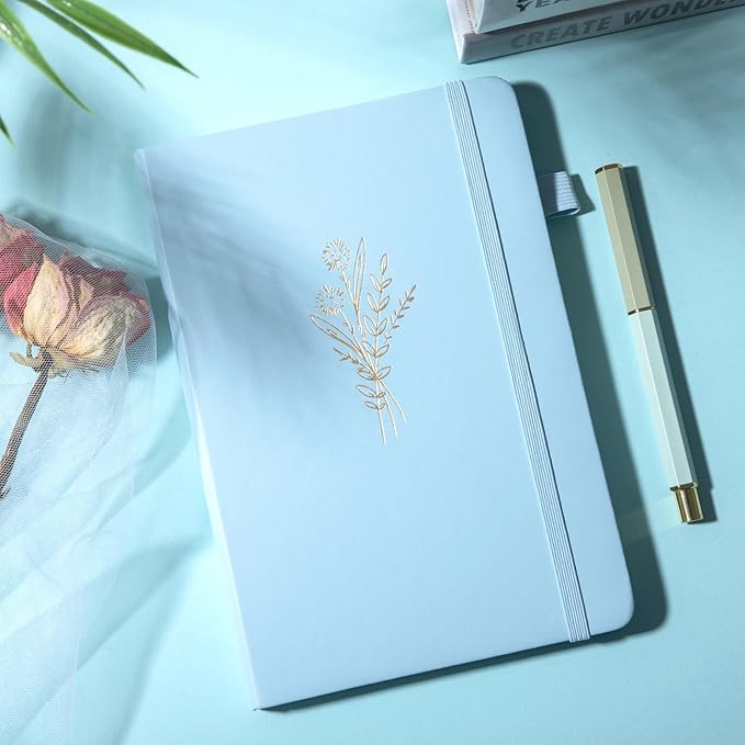 Lined Journal Notebook for Women Cute Leather Journaling Notebooks for Writing 192 Pages A5 Hardcover Aesthetic Floral Diary, 5.7 x 8.3 In, Blue-DeskLoop Office