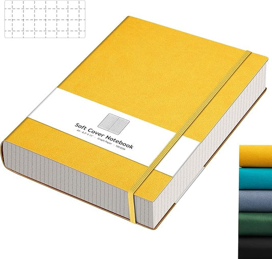 AHGXG Graph Paper Notebook - Grid Paper Notebook Large A4 8.5''×11'', 320 Pages Thick Journal, 100gsm Thick Graph Paper, Leather Softcover, Inner Pocket - Yellow-DeskLoop Office