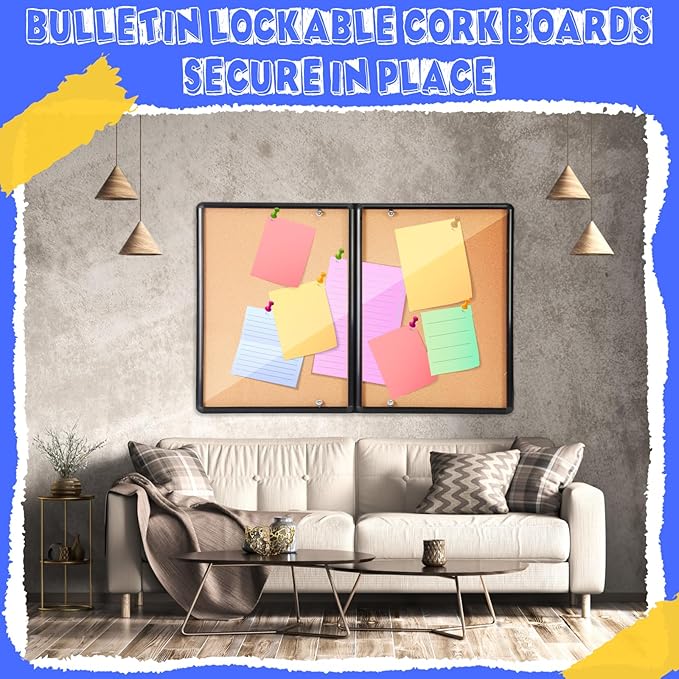 Enclosed Bulletin Board 48" x 36" Weather Resistant Lockable Notice Cork Display Board Wall Mounted 2 Locking Door for School Classroom Commercial Back to School, 12 x A4(Brown, Black Frame)-DeskLoop Office