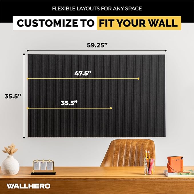 Large Bulletin Board, Tack Board, 59"x36" | 15 Pack | Wall Pin Board, Cork Board Alternative for Walls, Tablero de Corcho para Pared, Cord Board for Wall (Black Slats)-DeskLoop Office
