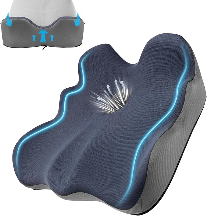 Seat Cushion, X-Large Memory Foam Office Chair Cushion, for Pressure Relief Sciatica & Pain Relief for Long Sitting Hours on Office/Home Chair, Car (Blue)-DeskLoop Office