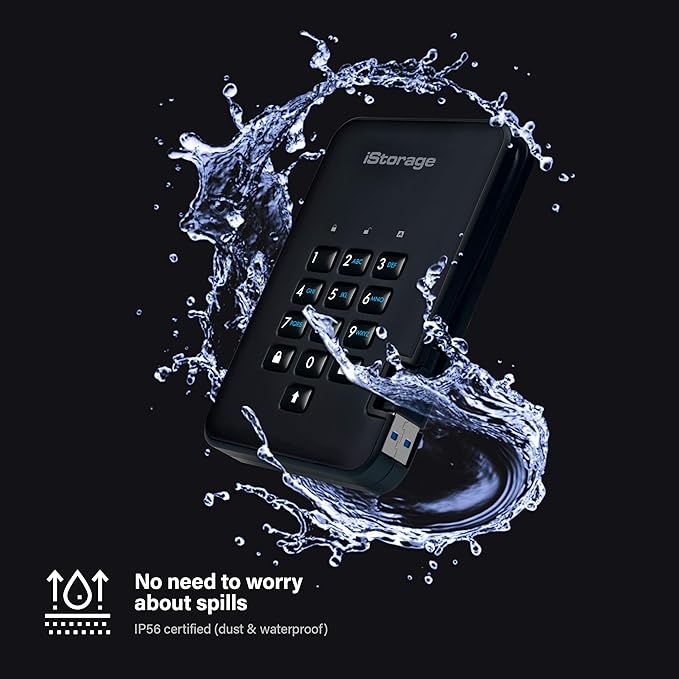 iStorage diskAshur2 HDD 3TB Black - Secure portable hard drive - Password protected - Dust & water resistant - Hardware Encryption-DeskLoop Office