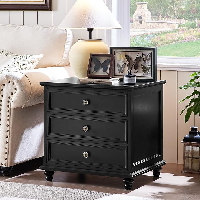 24" Wide Farmhouse Night Stand,Large End Table with 3 Drawers & Metal Handle,Black Wood Dresser for Bedroom Cabinet, Bed Side Tabl·e Chest of Drawers,Nightstand for Living Room,Close-DeskLoop Office