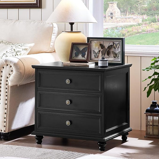 24" Wide Farmhouse Night Stand,Large End Table with 3 Drawers & Metal Handle,Black Wood Dresser for Bedroom Cabinet, Bed Side Tabl·e Chest of Drawers,Nightstand for Living Room,Close-DeskLoop Office