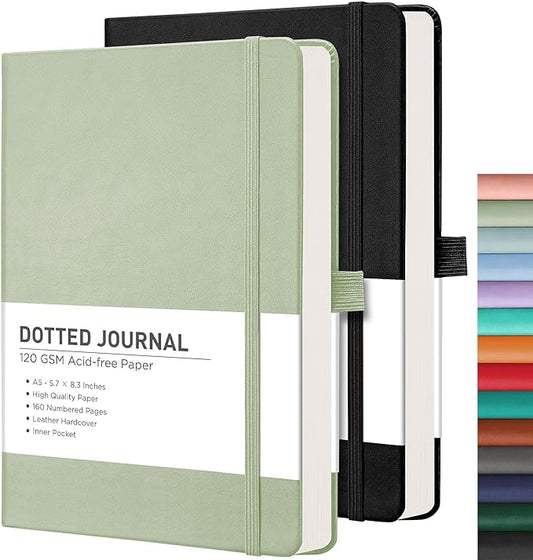 RETTACY Bullet Dotted Journal Notebook, 2-Pack, 160 Numbered Pages per Pack, A5 Medium Size (5.7'' x 8.3''), 120 GSM Thick Paper, Leather Hardcover, for Bullet Journaling (Black & Light Green)-DeskLoop Office