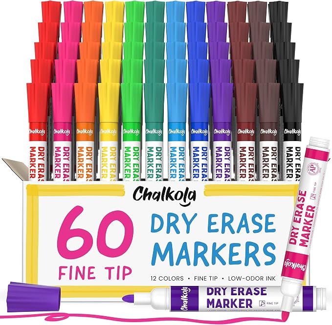 Chalkola Dry Erase Markers Fine Tip Bulk Pack of 60, Thin Point White Board by Chalkola