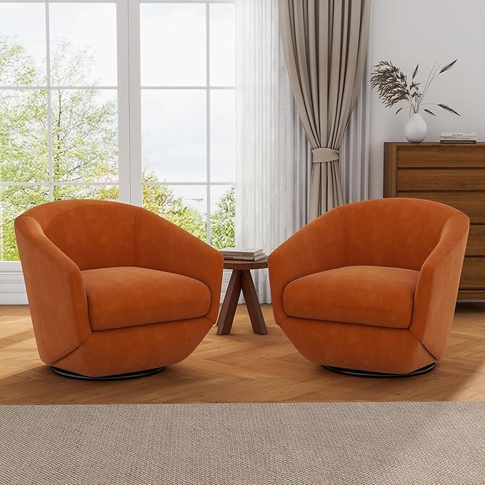 UIXE Velvet Swivel Accent Chairs Set of 2, Barrel Chair Upholstered Club Armchair for Living Room, Comfy Single Sofa Bedroom Side Reading Seat - Orange-DeskLoop Office
