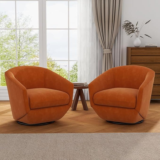 UIXE Velvet Swivel Accent Chairs Set of 2, Barrel Chair Upholstered Club Armchair for Living Room, Comfy Single Sofa Bedroom Side Reading Seat - Orange-DeskLoop Office