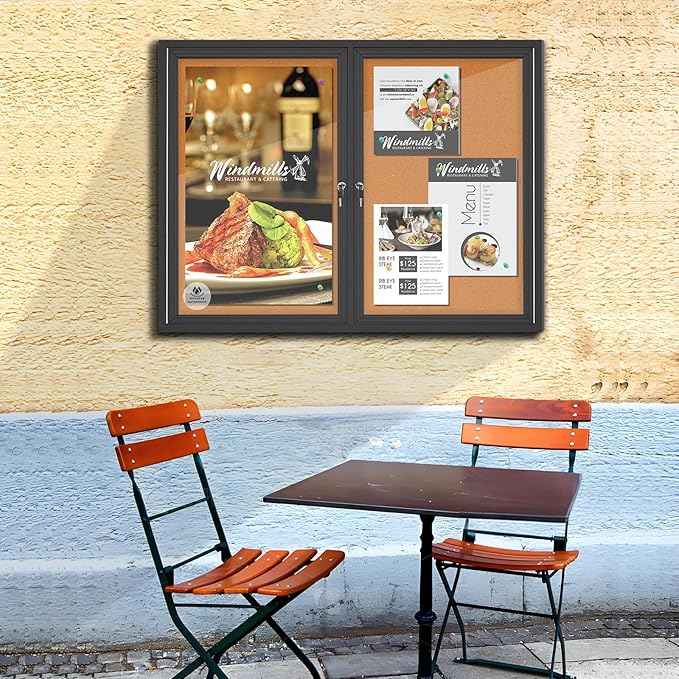 Lockable Outdoor Enclosed Bulletin Board,Weatherproof Cork Noticeboard with Locking Door, Wall-Mounted Aluminum Frame Display Case for Office, Home, School (Black Frame | Cork Surface, 44x32 inch)-DeskLoop Office