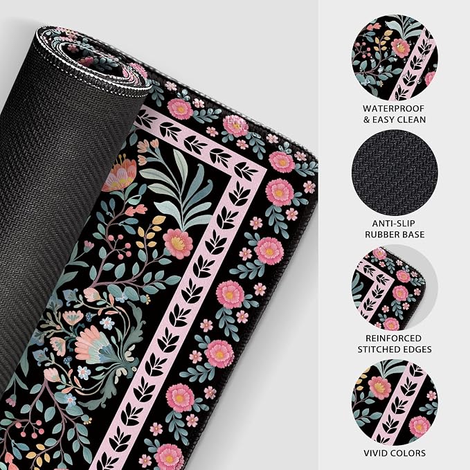 Black Floral Desk Mat, 31.5"x15.7" Large Mouse Pad, Anti-Slip Rubber Base - Image 8