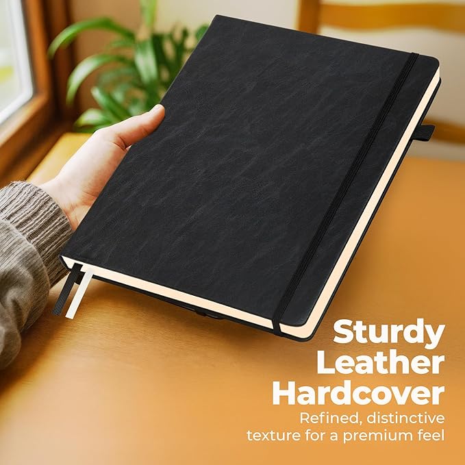 Classic Lined Journal Notebook 8.5x11" A4 Hardcover Leather - Black - 200 Pages College Ruled Large with Sticky Tabs, Pockets, and Pen Loop for Writing and Journaling - Big Hardback Men and Women-DeskLoop Office