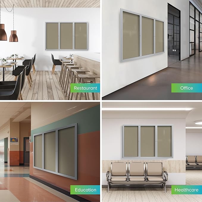 Ghent 48"x96" 3-Door Outdoor Enclosed Vinyl Bulletin Board, Shatter Resistant, with Lock, Satin Aluminum Frame - Caramel (PA34896VX-181), Made in the USA-DeskLoop Office