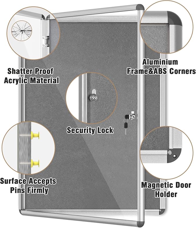 38"x28" Enclosed Bulletin Board, Lockable Weather-Resistant Aluminum Cork Noticeboard for School & Office, Silver Frame w/Grey Flet-DeskLoop Office