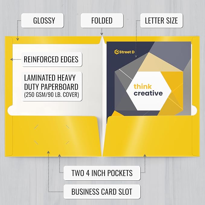Better Office Products 2 Pocket Glossy Laminated Yellow Paper Folders, Letter - Image 2