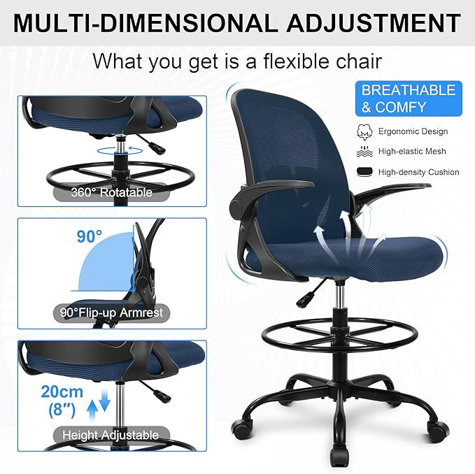 Drafting Chair, Tall Office Chair Ergonomic Standing Desk Chair,with Adjustable Footrest Ring, 3D Lumbar Support, Flip-up Armrests, Swivel Desk Stool for Drawing Working Navy-DeskLoop Office