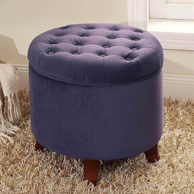 HomePop Home Decor | Upholstered Round Velvet Tufted Foot Rest Ottoman | Ottoman with Storage for Living Room & Bedroom | Decorative Home Furniture, Purple-DeskLoop Office